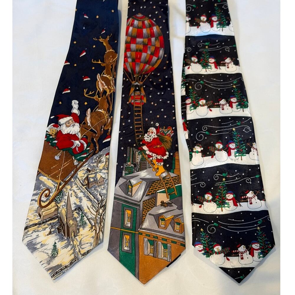 Lot 3 Christmas Art Neckties Santa Sleigh Snowman Hallmark Renaissance